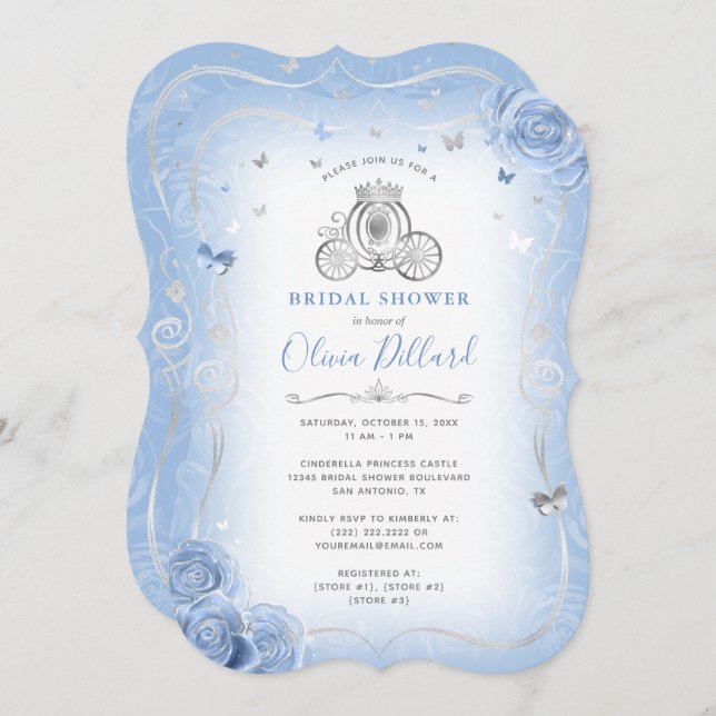 Baby Blue Silver Cinderella Princess Bridal Shower Invitation (Front/Back)