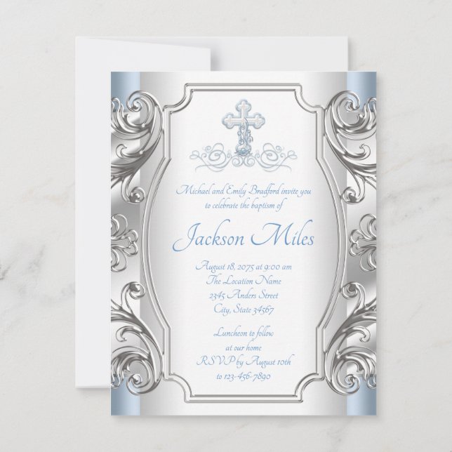 Baby Blue Silver Cross Baptism Christening Invitation (Back)