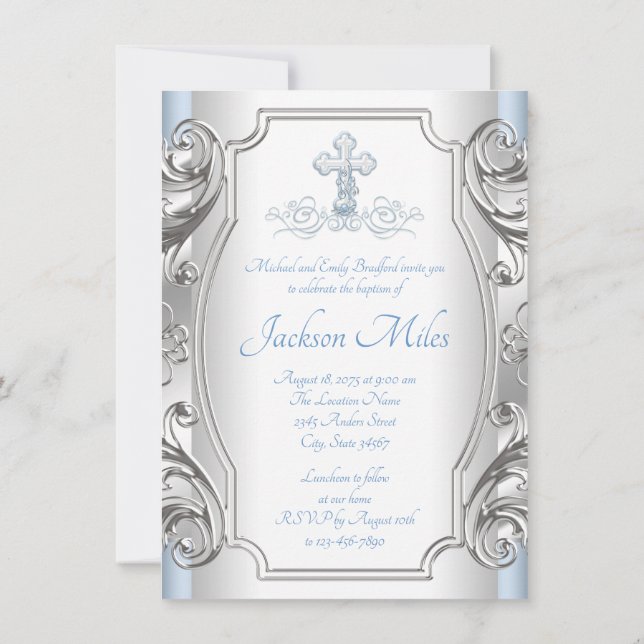 Baby Blue Silver Cross Boy Baptism Christening Invitation (Back)