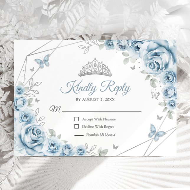 Baby Blue Silver Floral Quinceanera Reply RSVP Card (Creator Uploaded)