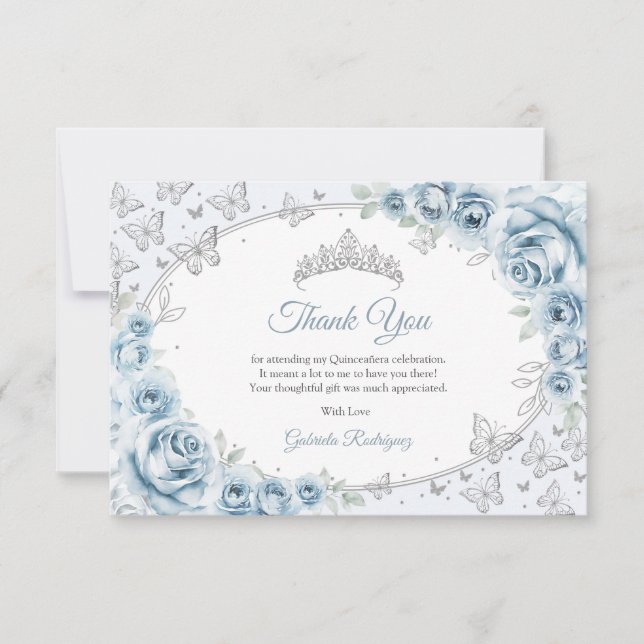 Baby Blue Silver Floral Quinceanera Thank You Card (Front)