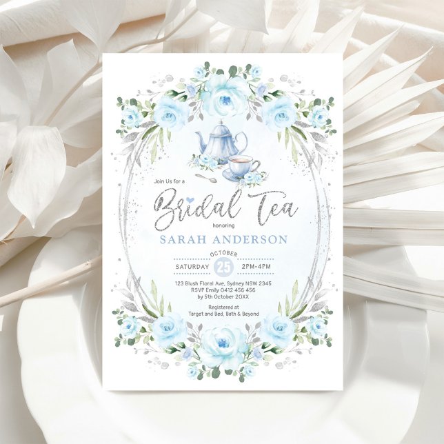Baby Blue Silver Flower Bridal Shower Tea Party Invitation (Creator Uploaded)