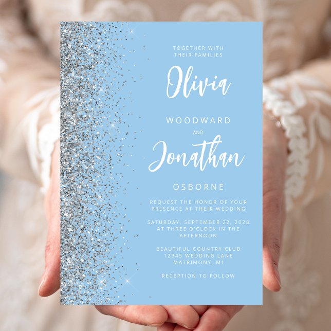 Baby Blue Silver Glitter Calligraphy Wedding Invitation (Creator Uploaded)