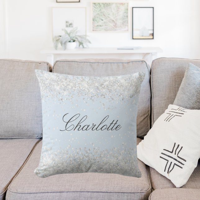 Baby blue silver glitter dust name elegant cushion (Creator Uploaded)