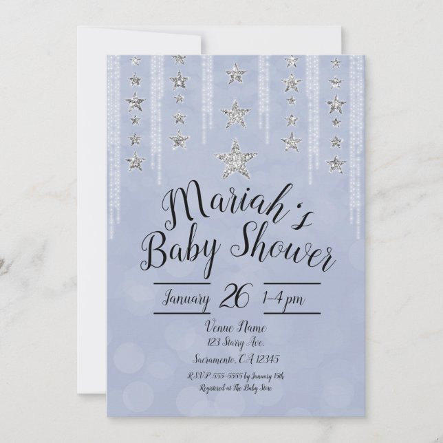 Baby Blue & Silver Glitter Stars Baby Shower Invitation (Front)