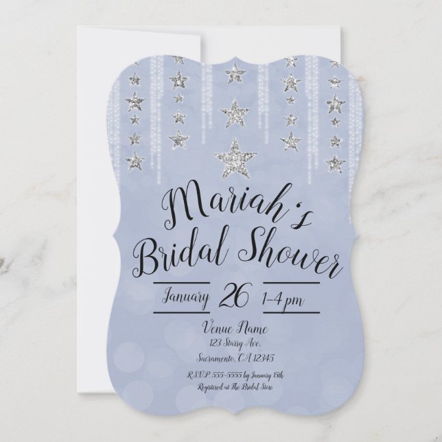 Baby Blue & Silver Glitter Stars Bridal Shower Invitation (Front)