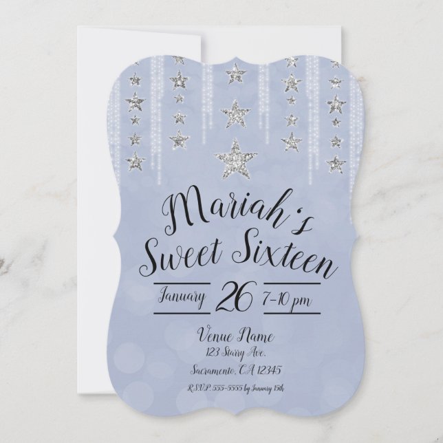 Baby Blue & Silver Glitter Stars Sweet 16 Party Invitation (Front)