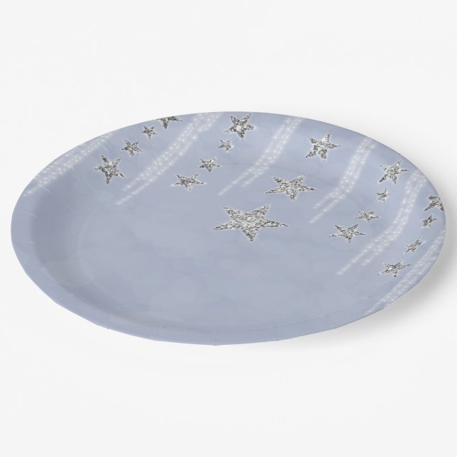 Baby Blue & Silver Glitter Stars Sweet 16 Party Paper Plate (Angled)