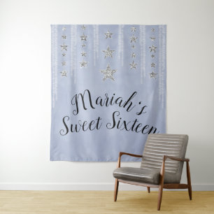 Baby Blue & Silver Glitter Stars Sweet 16 Party Tapestry