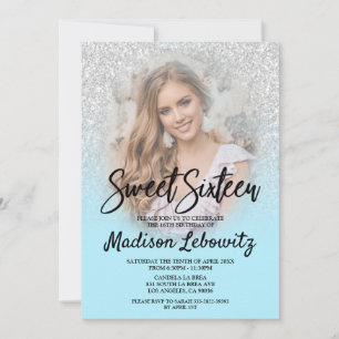 Baby Blue & Silver Glitter Sweet 16 Photo Invite