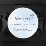 Baby blue silver heart thank you wedding classic round sticker<br><div class="desc">A light blue sky as background,  decorated with faux silver glitter.  With the text: Thank you for sharing our special day,  with a small heart.   Personalise and add your names.</div>