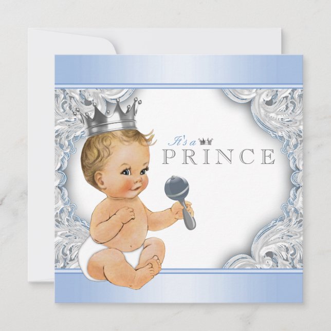 Baby Blue Silver Prince Baby Shower Invitation (Front)