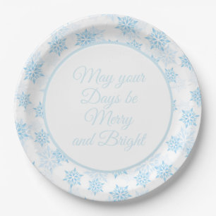 Baby Blue Snowflakes White Merry Bright Christmas Paper Plate
