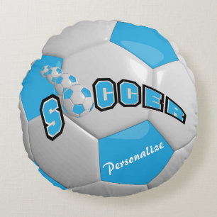 Baby Blue Soccer Ball DIY Name Round Cushion