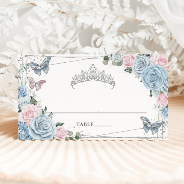 Baby Blue Soft Pink Floral Butterflies Quinceañera Place Card (Creator Uploaded)