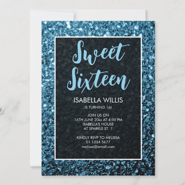 Baby blue sparkles Sweet 16 elegant script Invitation (Front)