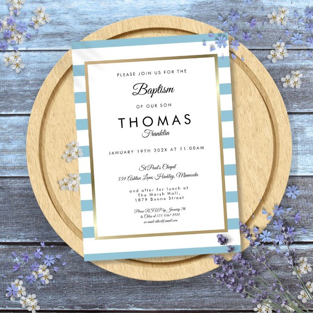Baby Blue Stripe Baptism Christening Invitation (Baby Blue Stripe Baptism Christening Invitation)