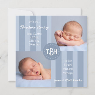 Baby Blue Stripe Monogram Birth Announcement