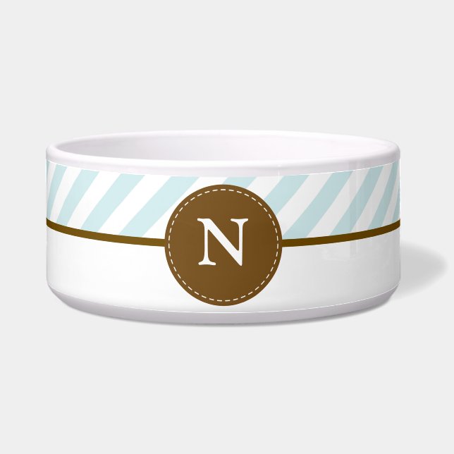 Baby Blue Stripes Custom Monogram Pet Bowl (Front)