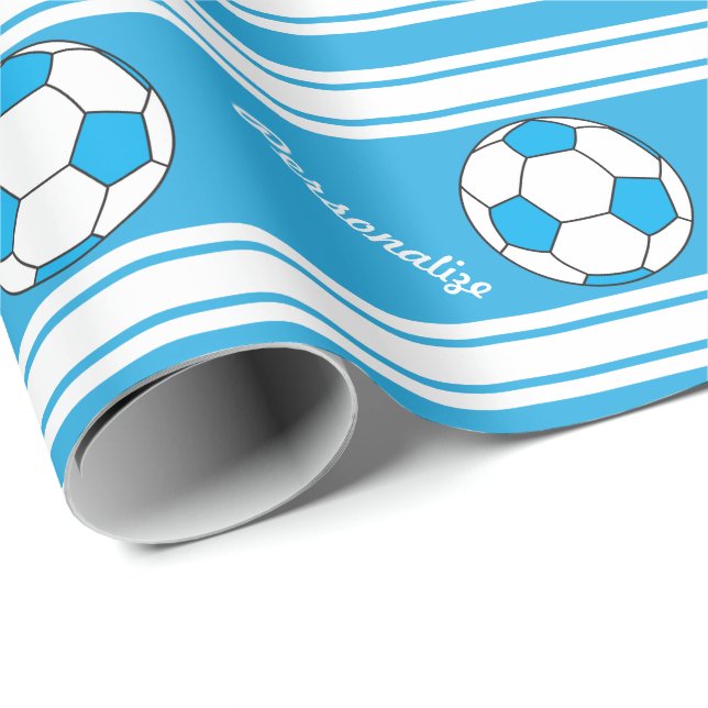 Baby Blue Stripes Soccer Ball Wrapping Paper (Roll Corner)