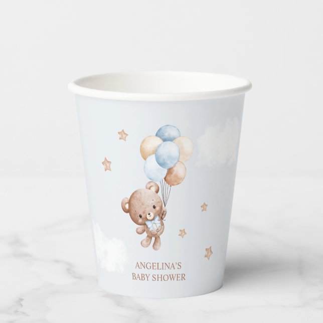 Baby Blue Teddy Bear Baby Shower Paper Cups (Front)