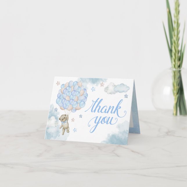 Baby Blue Teddy Bear Balloons Thank You Card (Front)
