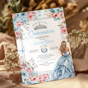 Baby Blue Tiara Floral Butterflies Quinceañera Invitation