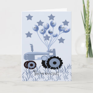 Baby Blue Tractor with Balloons Card