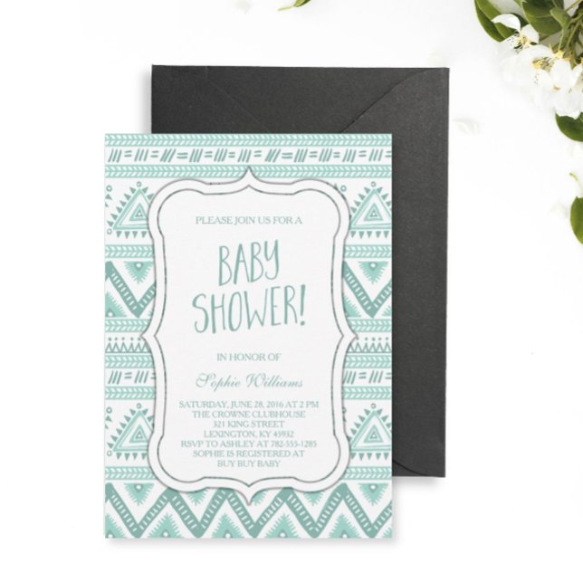 Baby Blue Tribal Aztec Pattern Baby Shower Invitation (Creator Uploaded)