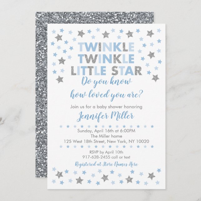 Baby Blue Twinkle Star Baby Shower Invitation (Front/Back)