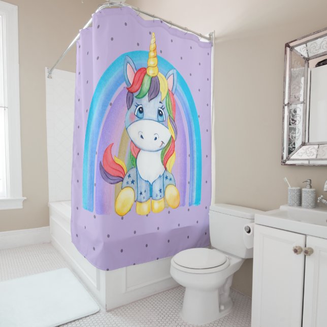 Baby Blue Unicorn on Purple Shower Curtain (In Situ)