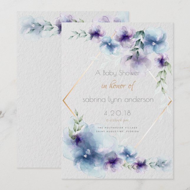 Baby Blue-Violet Translucent Watercolor Flowers Invitation (Front/Back)