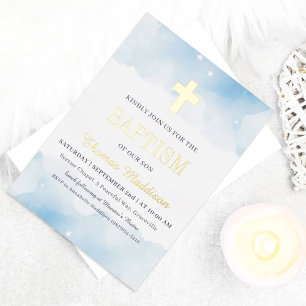 Baby Blue Watercolor Clouds Gold Cross Baptism