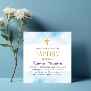 Baby Blue Watercolor Clouds Gold Cross Baptism Invitation