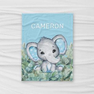 Baby Blue Watercolor Elephant Personalised Name Fleece Blanket