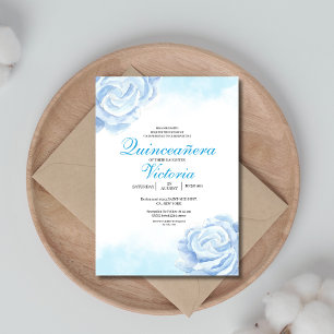 Baby Blue Watercolor Floral roses Quinceanera Invitation