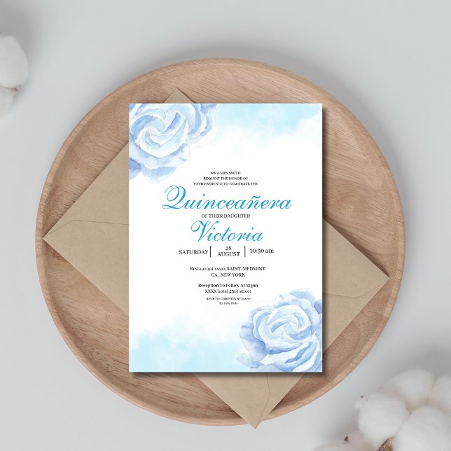 Baby Blue Watercolor Floral roses Quinceanera Invitation (Creator Uploaded)
