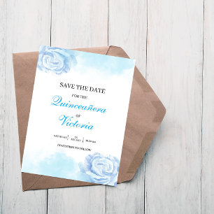 Baby Blue Watercolor Floral roses Quinceanera Save The Date