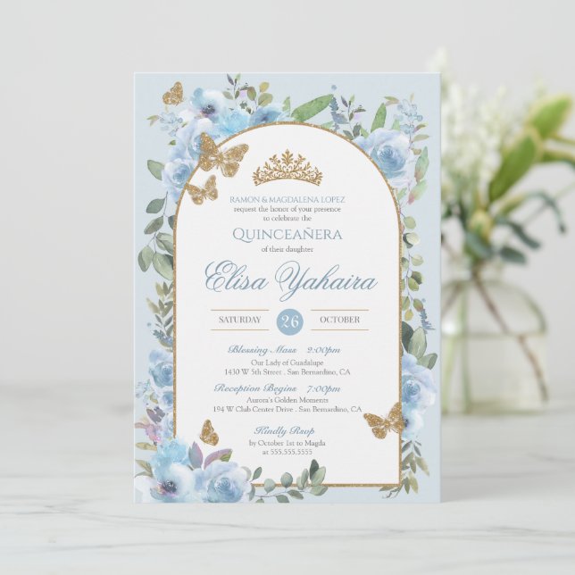 Baby Blue Watercolor Golden Butterfly Quinceanera Invitation (Standing Front)