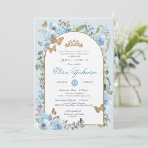 Baby Blue Watercolor Golden Butterfly Quinceanera Invitation