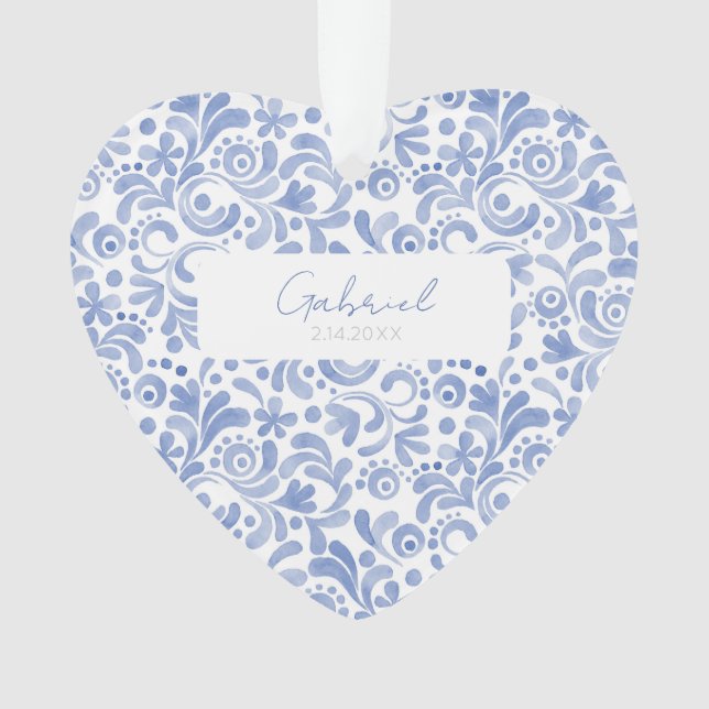 Baby Blue Watercolor NAME BIRTHDATE Sweet Heart Ornament (Front)