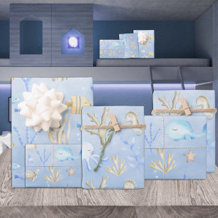 Baby Blue Whale & Narwhal Under The Sea Wrapping Paper