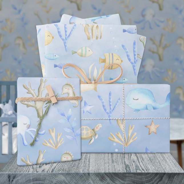 Baby Blue Whale Octopus Seahorse Under The Sea Wrapping Paper Sheet (Baby Blue Whale Octopus Seahorse Under The Sea Kids Gift Wrapping Paper Sheets Trio)