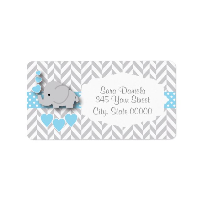 Baby Blue, White and Grey Elephant Baby Shower Label (Front)