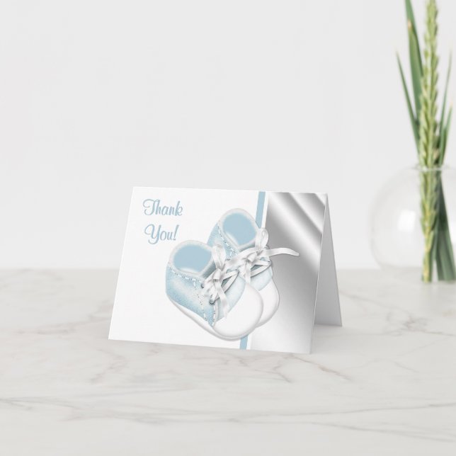 Baby Blue White Baby Shoes Thank You Cards (Front)