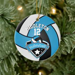 🏐 Baby Blue, White & Black Personalise Volleyball Ceramic Tree Decoration