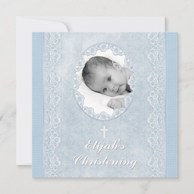 Baby Blue White Boy Photo Baptism Christening Invitation (Front)