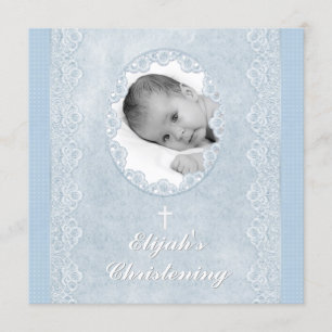 Baby Blue White Boy Photo Baptism Christening Invitation
