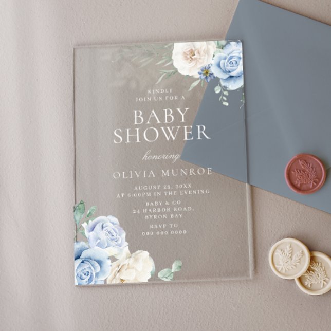 Baby Blue & White Floral Baby Shower Acrylic Invitations (Creator Uploaded)