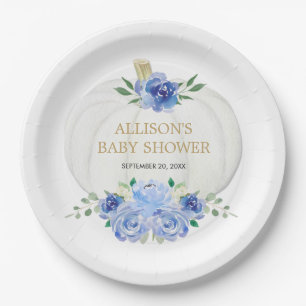 Baby blue white floral greenery white pumpkins paper plate
